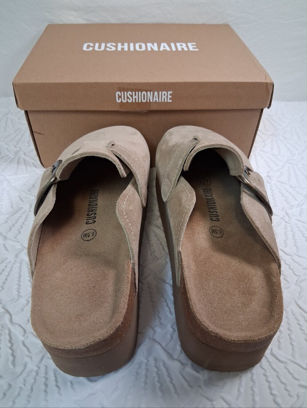 Cushionaire New Platform Suede Mule with Buckle in Taupe - Picture 9 of 17